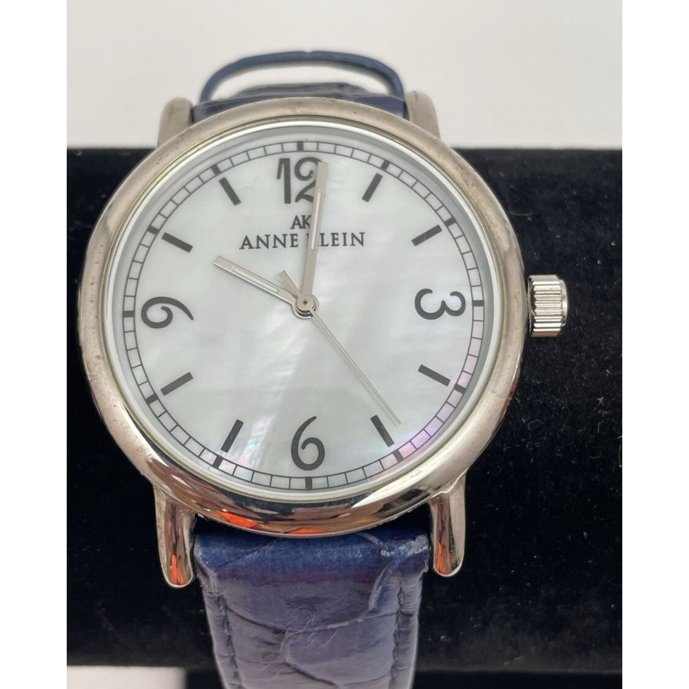 Anne Klein Watch Womens Silver Tone Blue Leather Strap Mother of Pearl